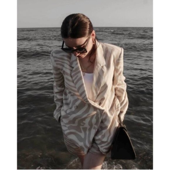 NWT Anine Bing Kaia‎ Blazer Oversized Linen Blend Zebra Stripe Double Breas Sz M - Picture 9 of 11